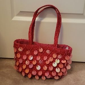 Pink woven kids handbag with large pink sequins